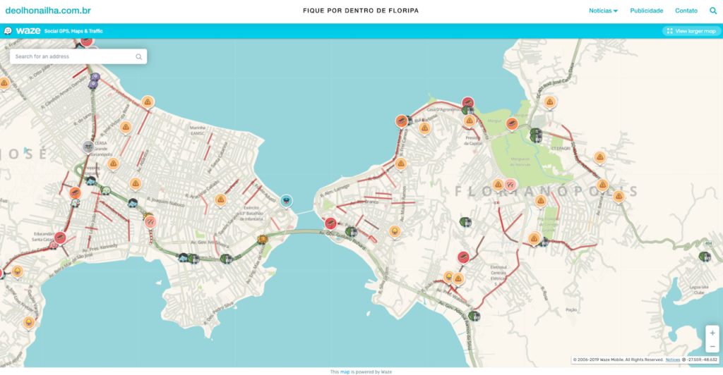 Em parceria com o Waze, deolhonailha.com.br fornece informações em tempo real do trânsito em Florianópolis